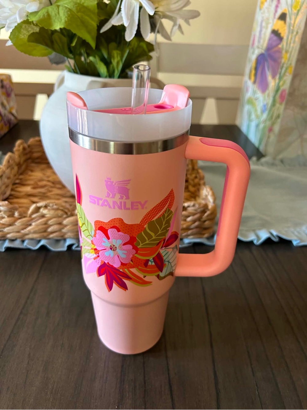 Stanley Pink Floral Travel Tumbler with Handle and Straw - Picture 1 of 4